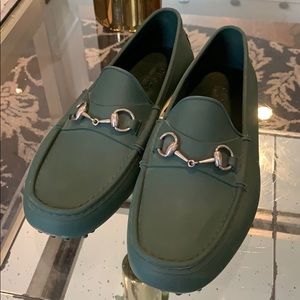 Gucci Men's Green Rubber Loafers With Silver bit